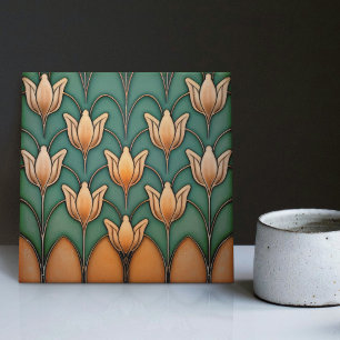 Symmetrisk Orange Tulips Wall Decor Art Deco Kakelplatta