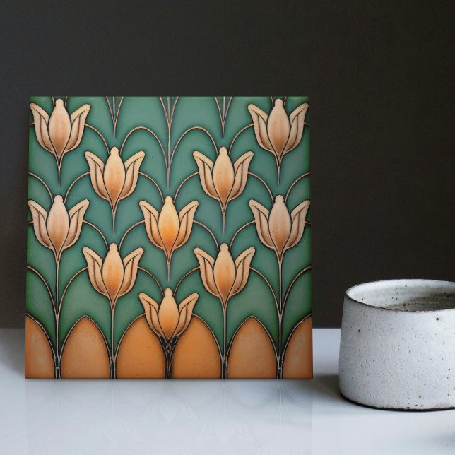 Symmetrisk Orange Tulips Wall Decor Art Deco Kakelplatta (Skapare uppladdad)