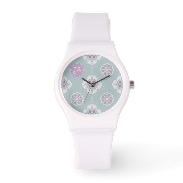 Symmetrisk Rosa Flower Tiled Mönster på Sage Armbandsur (Framsida)