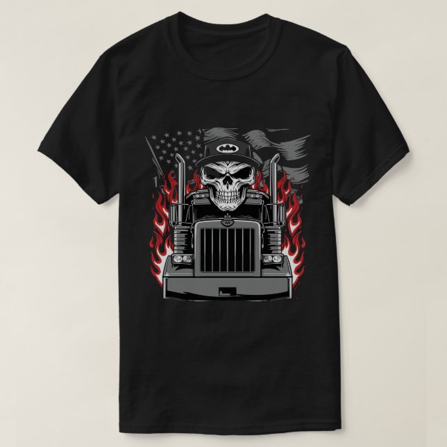 Symmetrisk Skull och Lastbil med gråskala Flagga T Shirt (Design framsida)