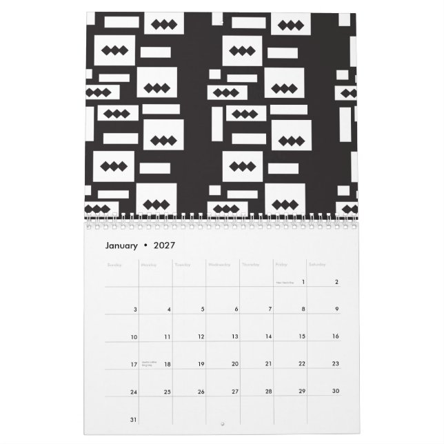 Symmetrisk vit geometrisk design med skarp, cirkel kalender (Jan 2027)