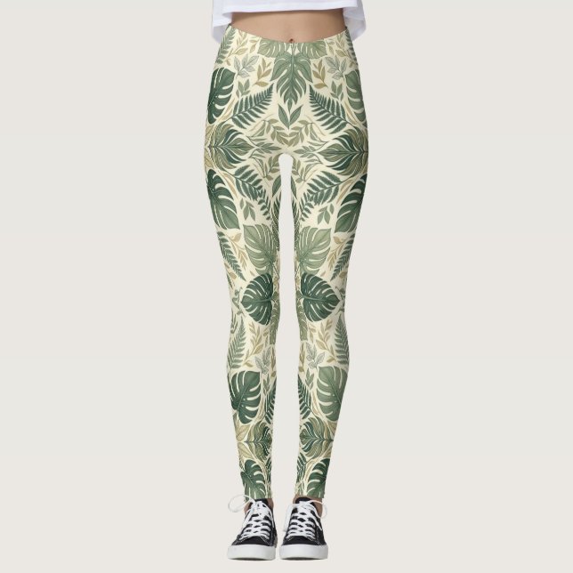 Symmetriska salviagröna Monstera blad Leggings (Framsida)