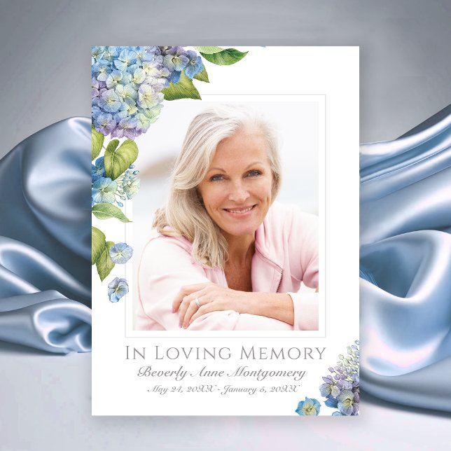 Sympathy Blue Hydrangea Blommigt Photo Funeral Tack Kort (Elegant Blue Lavender Hydrangea Floral Photo Funeral Thank You card)