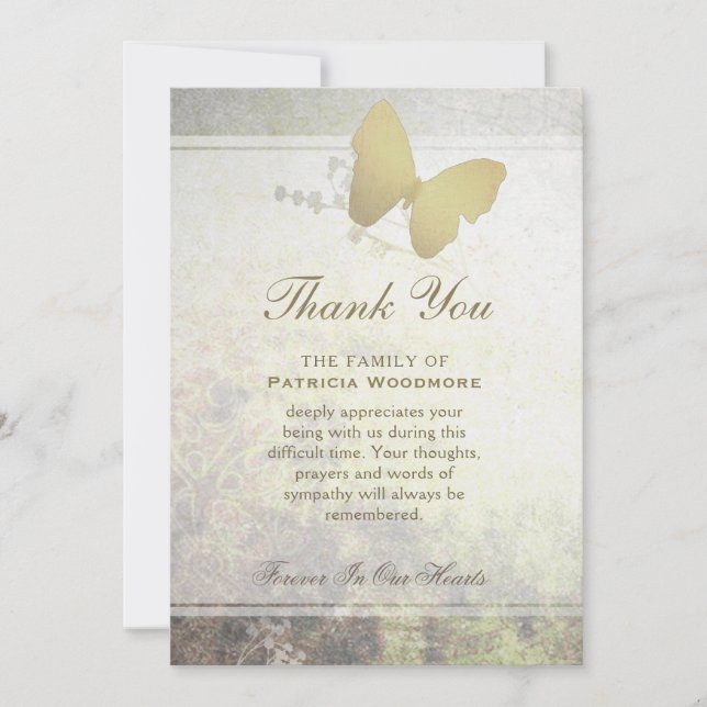 Sympathy Card för Tack av guldshimmer-fjäril Kort (Framsida)