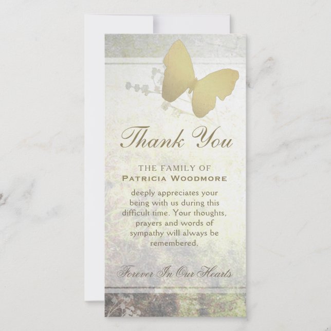 Sympathy Card för Tack av guldshimmer-fjäril Kort (Framsida)