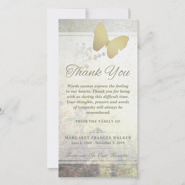 Sympathy Card för Tack av gyllene fjäril (Framsida)