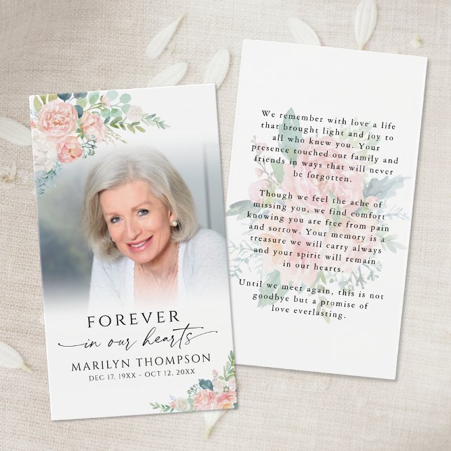 Sympathy Elegant Pink Floral Photo Prayer Card Visitkort (Skapare uppladdad)