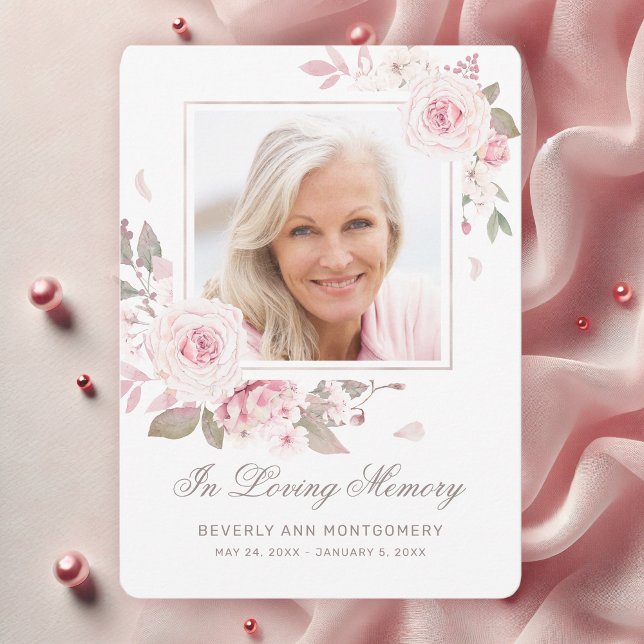 Sympathy Elegant Rosa ros Blommigt Photo Funeral Tack Kort (Elegant Pink Roses Photo Funeral Thank You Card for Women)