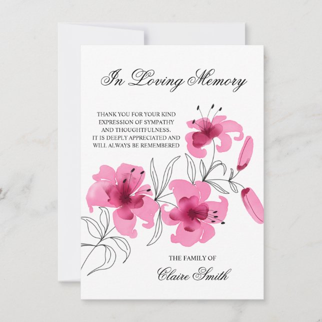 Sympathy Funeral TACK Lily Blommigt PHOTO Kort (Framsida)