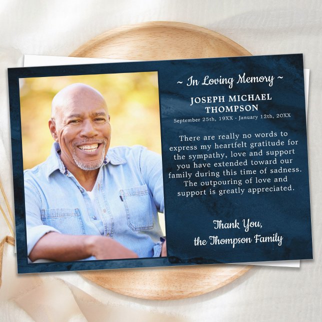 Sympathy Loving Memory Photo Blue Marble Funeral Tack Kort (Skapare uppladdad)