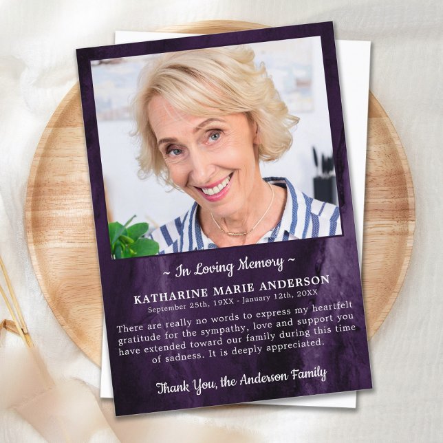 Sympathy Loving Memory Photo Marble Lila Funeral Tack Kort (Skapare uppladdad)