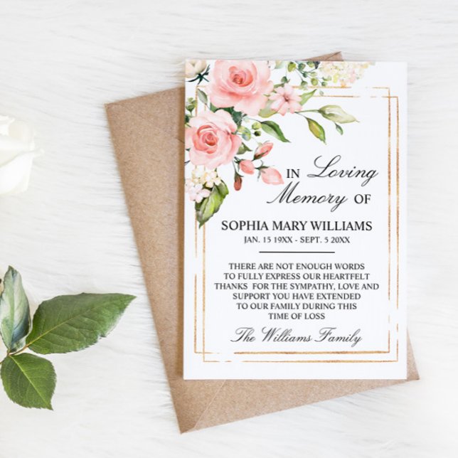 Sympathy Memory för  Rosa ros & Grönt Löv Tack Kort (Skapare uppladdad)