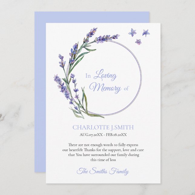 Sympathy Memory Lavender Flower-Tack Inbjudningar (Fram/baksida)