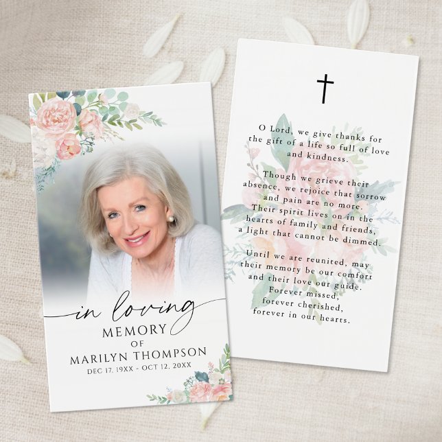 Sympathy Modern Pink Floral Photo Prayer Card Visitkort (Skapare uppladdad)