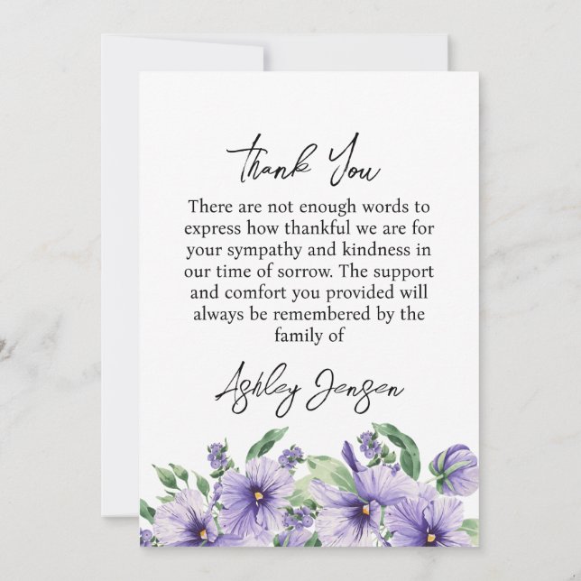 Sympathy Pansy Photo Funeral Thank You Card Tack Kort (Baksida)