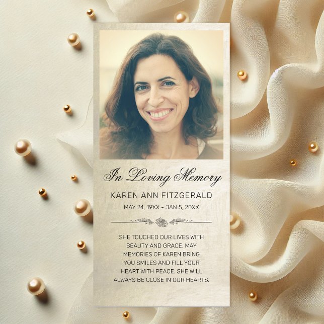 Sympathy Photo Elegant Script Guld Funeral Card (Chic Gold Shimmer Photo Funeral Card)
