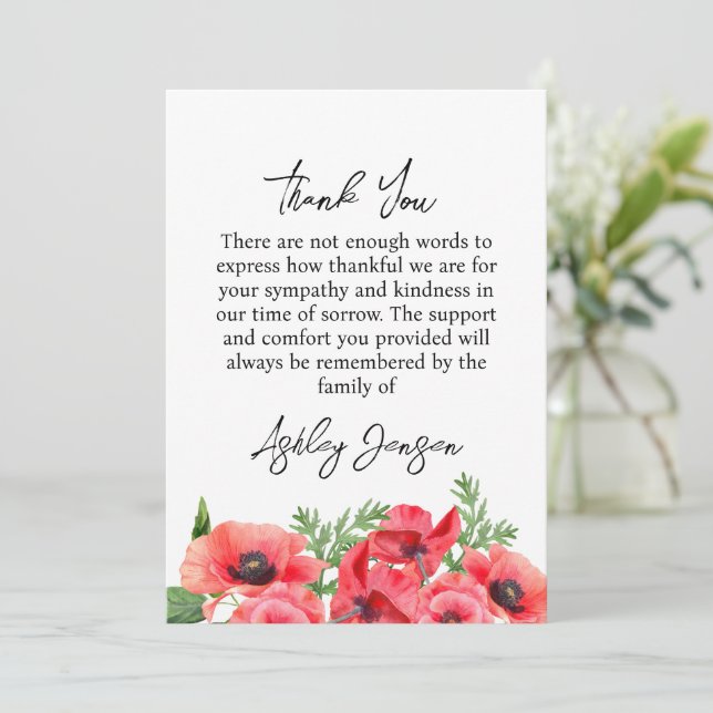 Sympathy Poppy Funeral Thank You Card Tack Kort (Stående Fram)