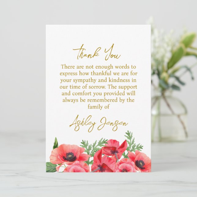Sympathy Poppy Funeral Thank You Card Tack Kort (Stående Fram)