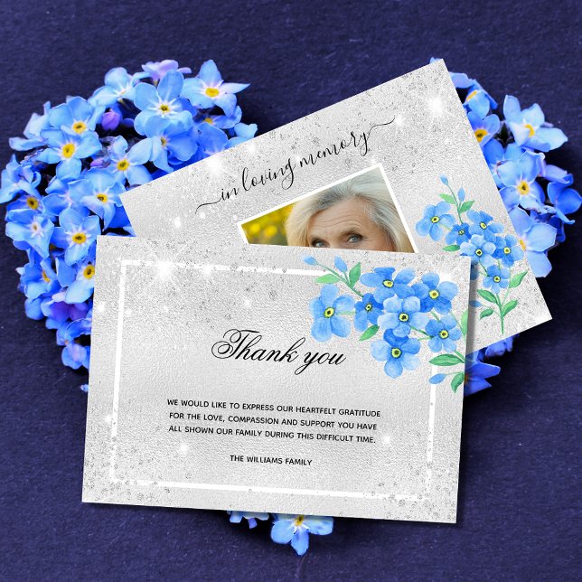 Sympathy silver glitter Blue blommigt-foto Tack Kort (Skapare uppladdad)
