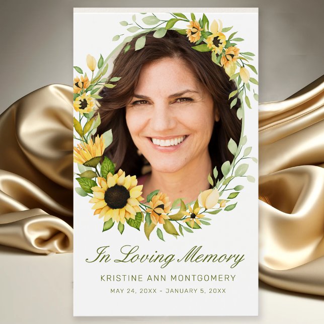 Sympathy Solros Grönt Script Photo Dikt Card Visitkort (Modern Yellow Sunflower Floral Photo Memorial Funeral Card with Poem)
