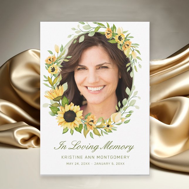 Sympathy Solros Grönt Script Photo Tack Kort (Modern Yellow Sunflower Photo Memorial Funeral Thank You Card)