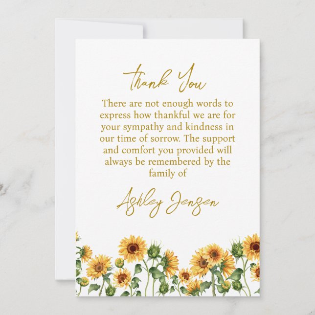 Sympathy Sunflower Funeral Thank You Card Tack Kort (Baksida)