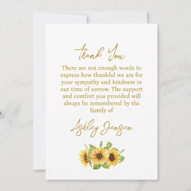 Sympathy Sunflower Funeral Thank You Card Tack Kort (Baksida)