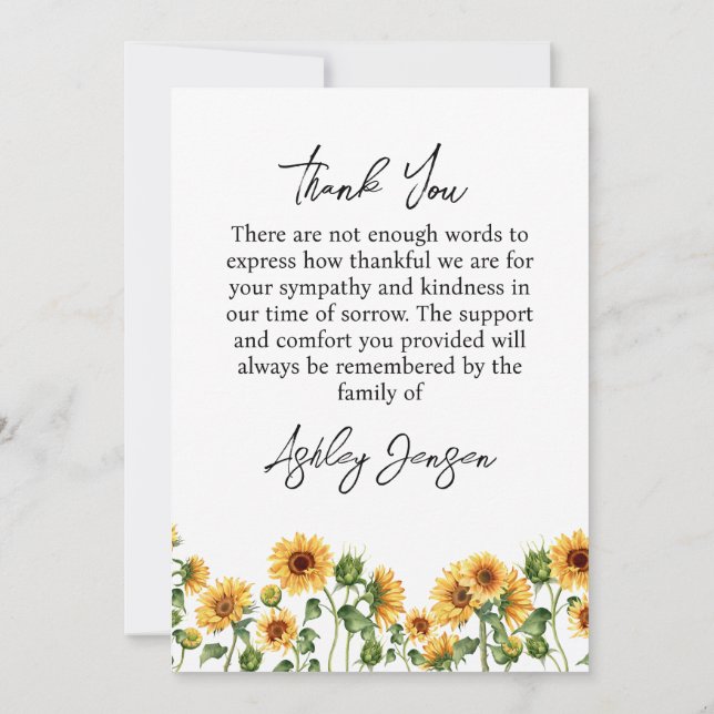 Sympathy Sunflower Funeral Thank You Card Tack Kort (Baksida)