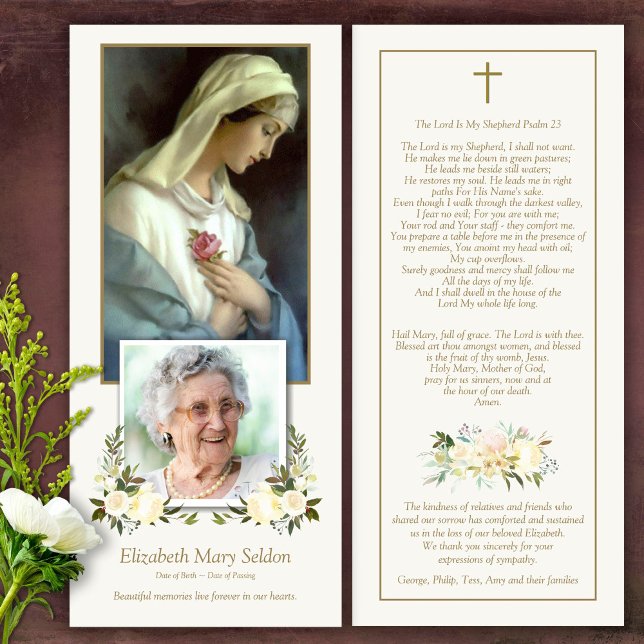 Sympathy Virgin Mary Funeral Tack-kort (Catholic, Religious, Celebration of Life, In Loving Memory of, Forever in our hearts, funeral cards)