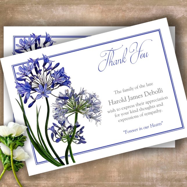 Sympati Agapanthus Funeral Tack you Card Kort (Sympathy floral Celebration of Life, In Loving Memory, Forever in our Hearts Funeral thank you cards)
