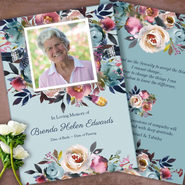 Sympati Blå Rosa Blommigt Funeral Tack you Card (Sympathy floral Celebration of Life, In Loving Memory, Forever in our Hearts Funeral thank you cards)