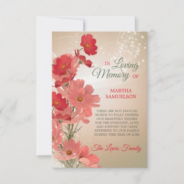 Sympati Blommigt av minnen Röd Rosa TACK Kort (Framsida)