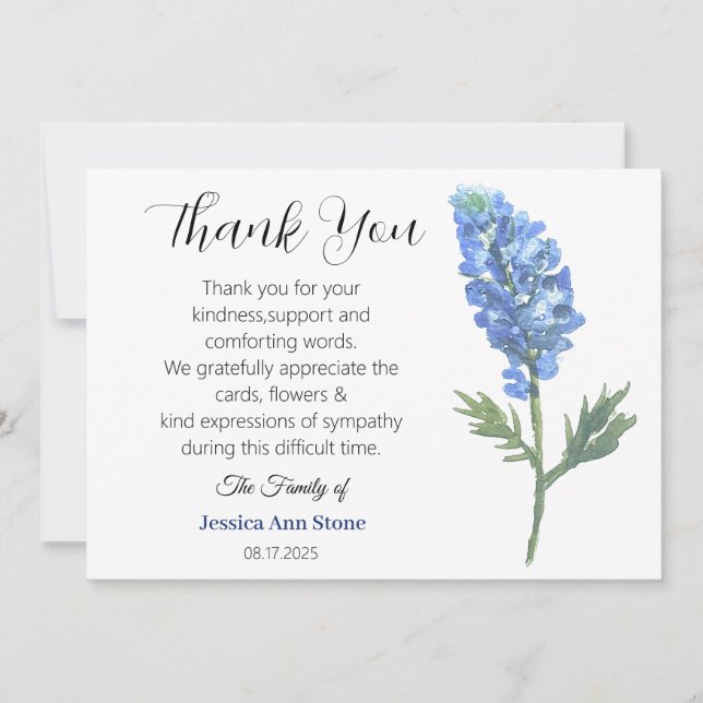 Sympati Bluebonnets Funeral Död Tack Inbjudningar (Framsida)