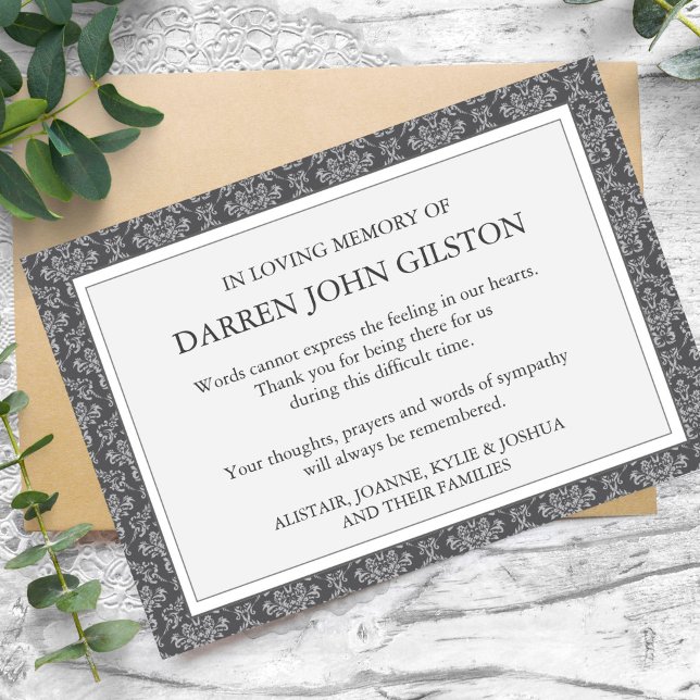 Sympati Damask Silver Funeral Tack du Cards Inbjudningar (Silver Damask Memorial Sympathy Funeral Thank You Card)