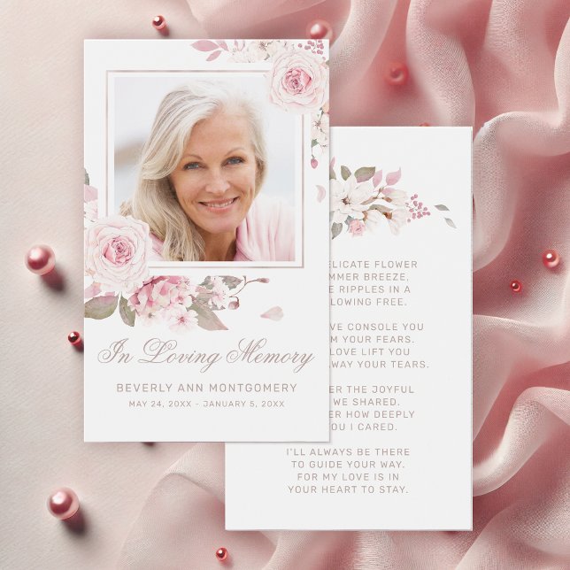 Sympati Elegant Rosa ros Blommigt Photo Dikt Card Visitkort (Elegant Pink Rose Floral Photo Funeral Card with Poem)
