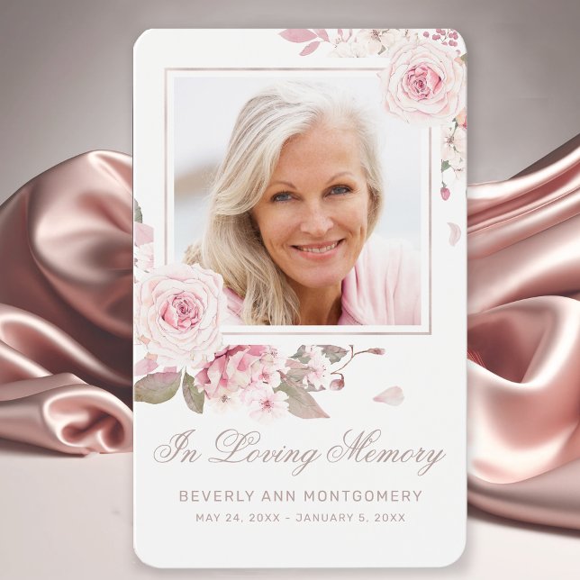 Sympati Elegant Rosa ros fotopakort för Kor Visitkort (Elegant Pink Roses Photo Funeral Card with Prayer.)