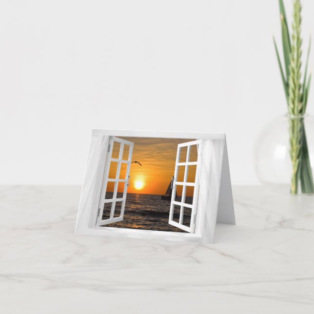 sympati för solnedgång i öppen fönsterbåt tack kort (Framsida)