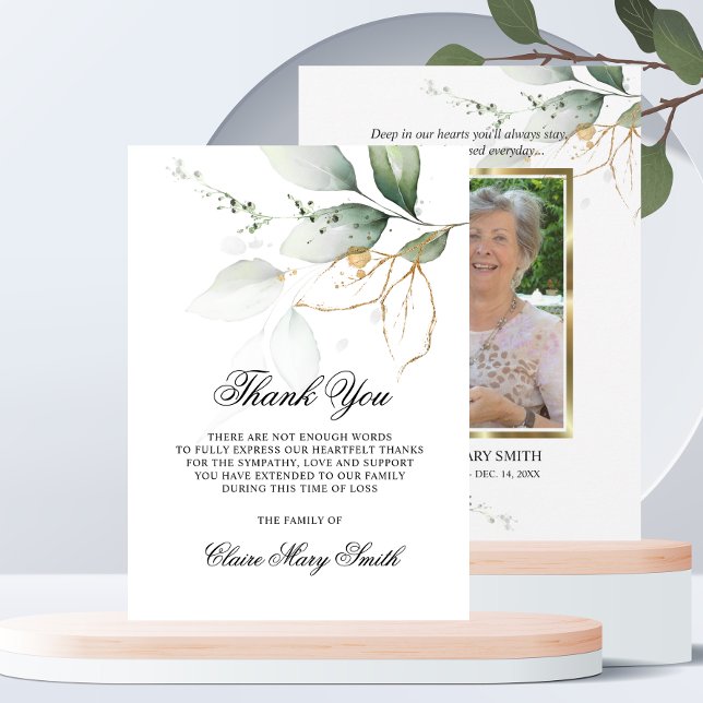 Sympati Funeral TACK botanisk Grönt PHOTO Kort (Sympathy Funeral THANK YOU cards in Botanical Green Gold | add PHOTO)