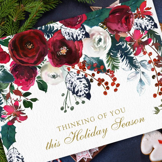 Sympati-Helgdagskort | Blommigt Bouquet Helgkort (Watercolor Winter Roses Remembrance Memorial Sympathy Cards)