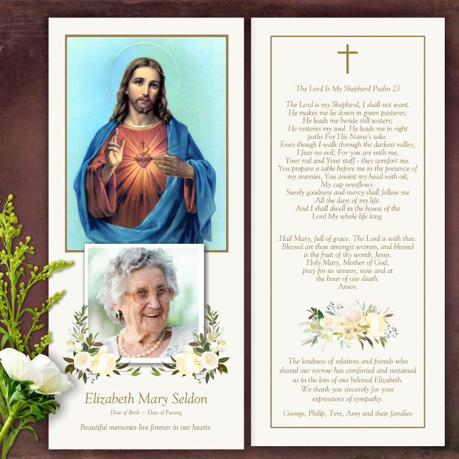 Sympati Helig Heart - begravning - tack ditt kort (Catholic, Religious, Celebration of Life, In Loving Memory of, Forever in our hearts, funeral cards)