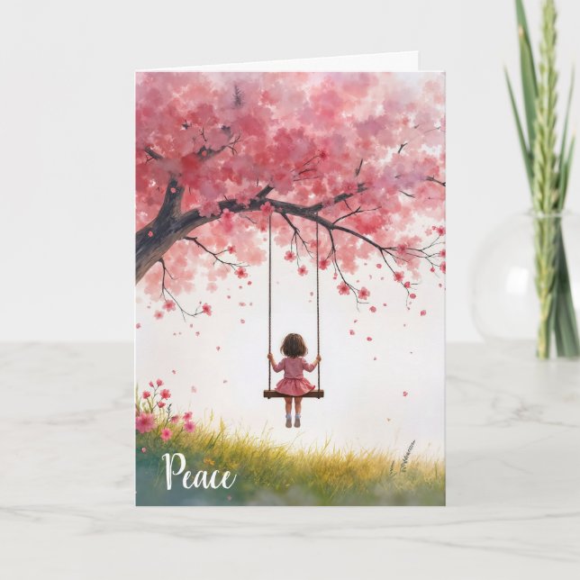 Sympati Little Girl på en Cherry Träd Swing Kort (Framsida)
