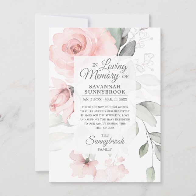 Sympati Loving Memory Rosa ros Blommigt TACK Kort (Framsida)