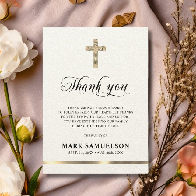 Sympati Memorial Religiösa Kor Ecru Guld Tack Kort (Sympathy Memorial Religious Cross Ecru Gold Thank Thank You Card)