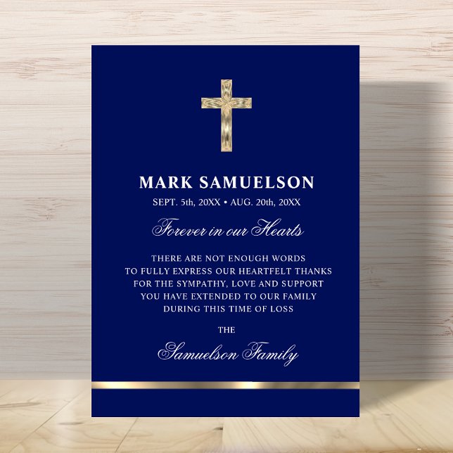Sympati Memorial Religiösa Kor flottan Guld Tack Kort (Sympathy Memorial Religious Cross Navy Gold Thank You Card)