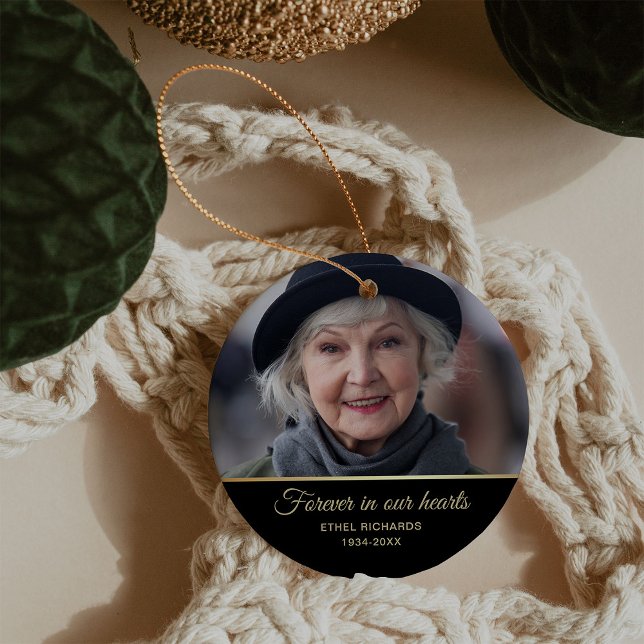 Sympati-minne vid överljudsminnet | Två foto Julgransprydnad Keramik (An elegant, modern black and gold keepsake memorial ornament with a photo of your loved one)