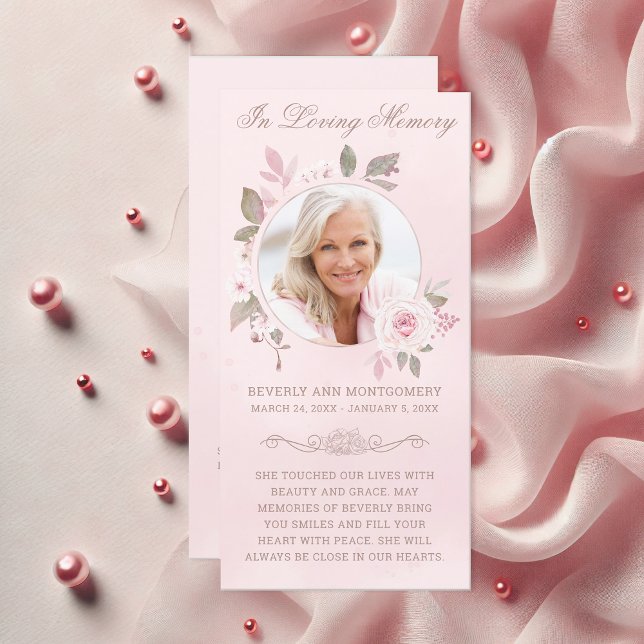 Sympati  Ro Blommigt Photo Funeral Prayer (Elegant In Loving Memory Pink Rose Watercolor Floral Photo Funeral Card)