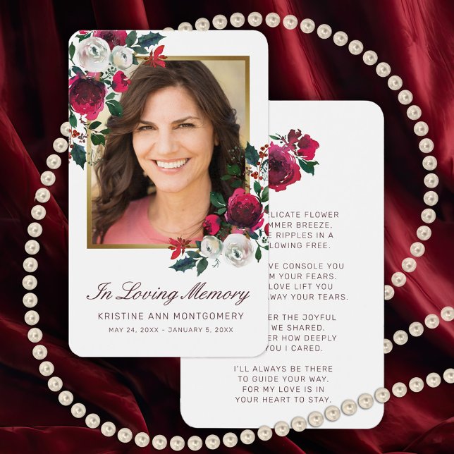 Sympati Röd ros Blommigt Guld fotopakort Visitkort (Elegant Red Rose memorial Photo card with a poem or prayer on the back.)