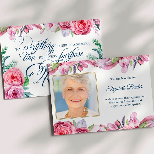 Sympati Rosa Blommigt Foto Funeral Tack you Card Inbjudningar (There Is A Season Pink Floral Condolence Sympathy Bereavement Funeral Thank You Card)