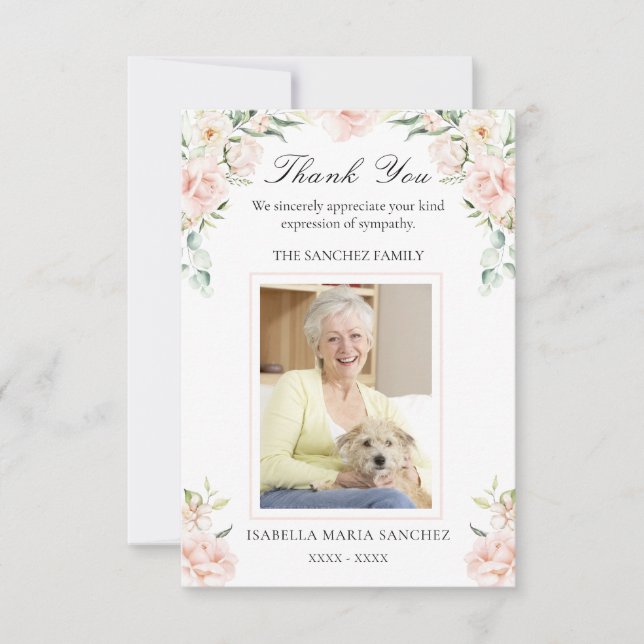 Sympati Rosa Blommigt Funeral Photo Tack Kort (Framsida)