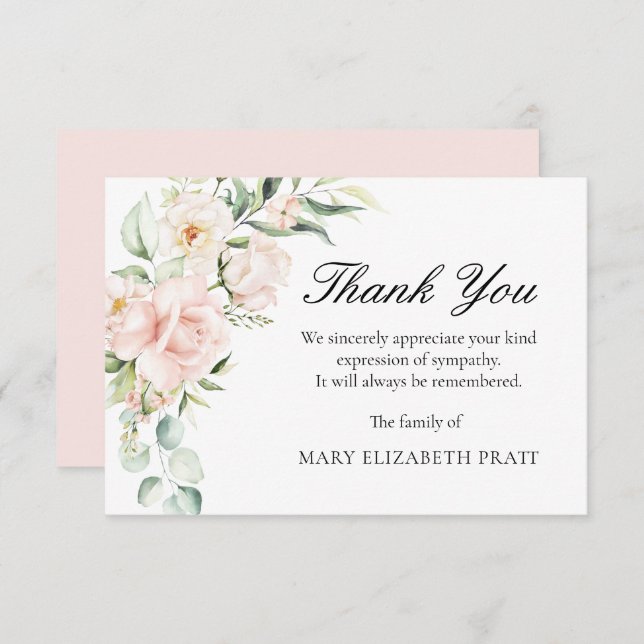 Sympati Rosa Blommigt Funeral Tack Kort (Fram/baksida)